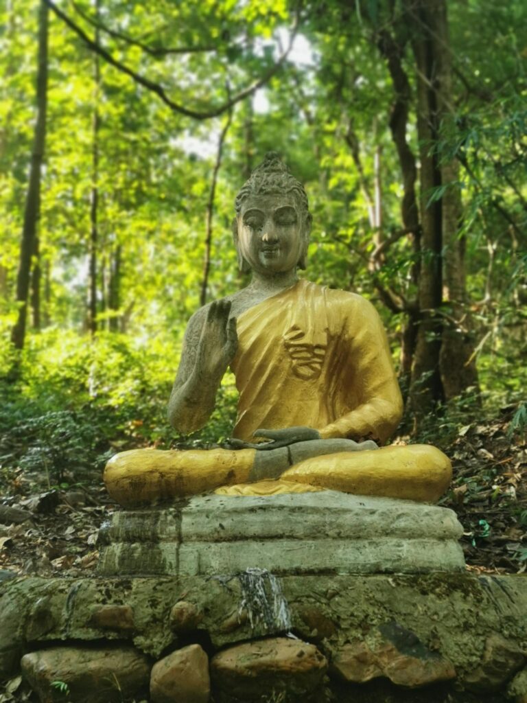 Estatua meditación budista en la naturaleza.